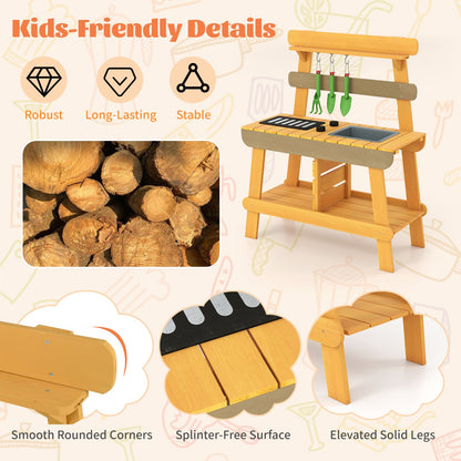 the play kitchen set with close up details of rounded corners and solid construction