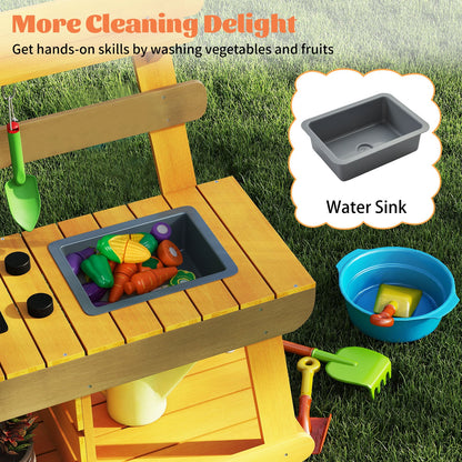 the play kitchen set with a close up of the water sink filled with toy food