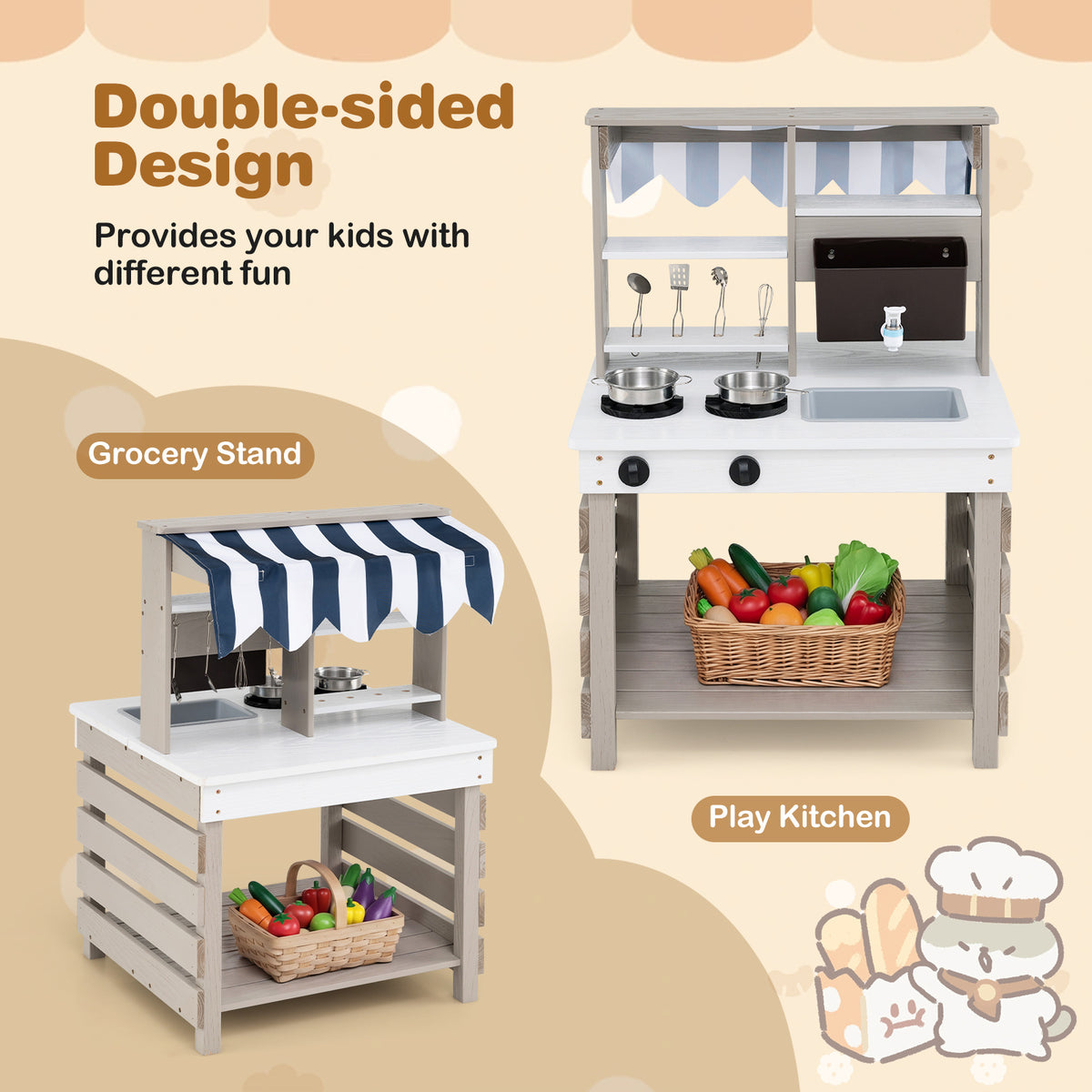 The play kitchen set shown as both a grocery stand and a cooking station for children