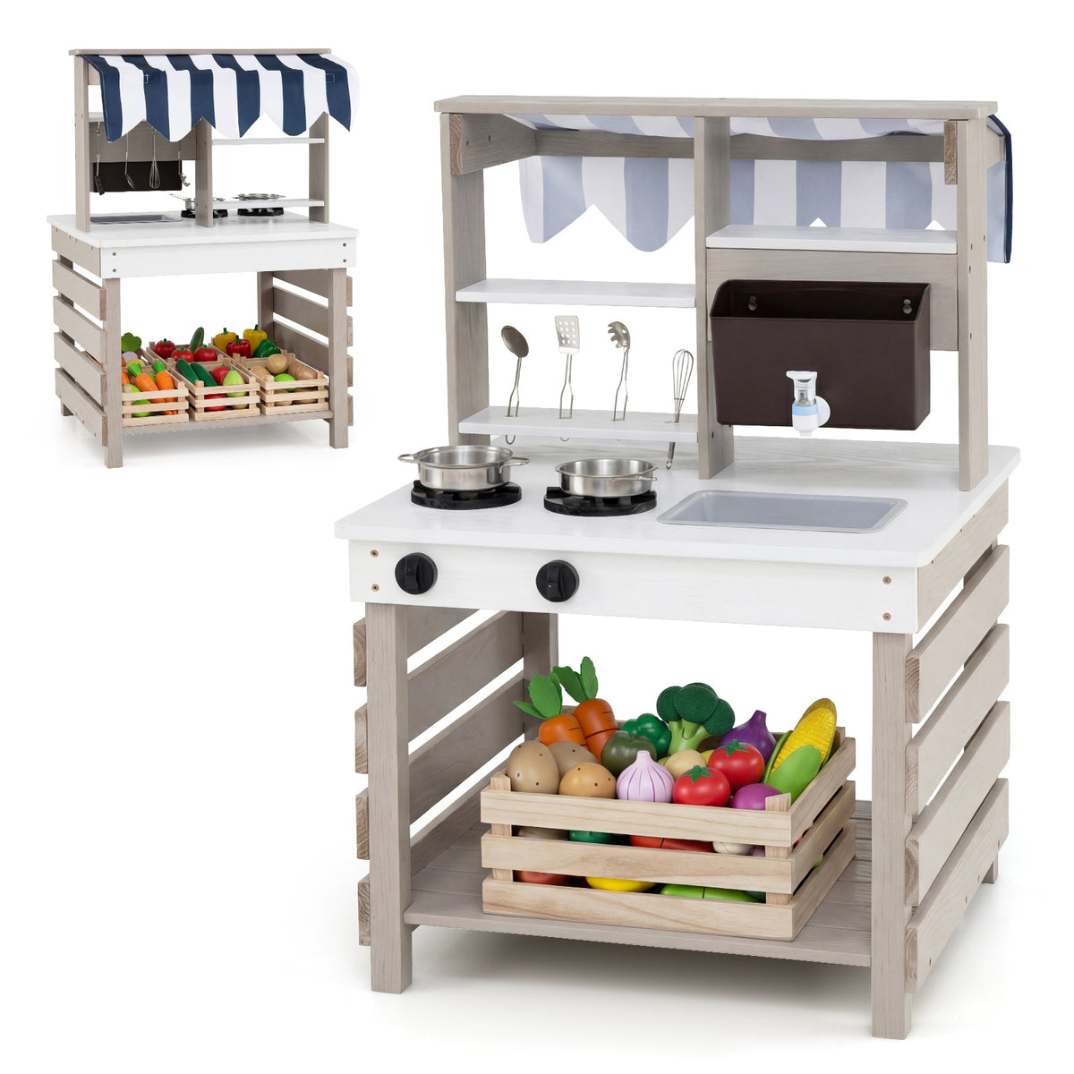 Outdoor Mud Kitchen for Kids with Removable Sink shown from the front and side angles