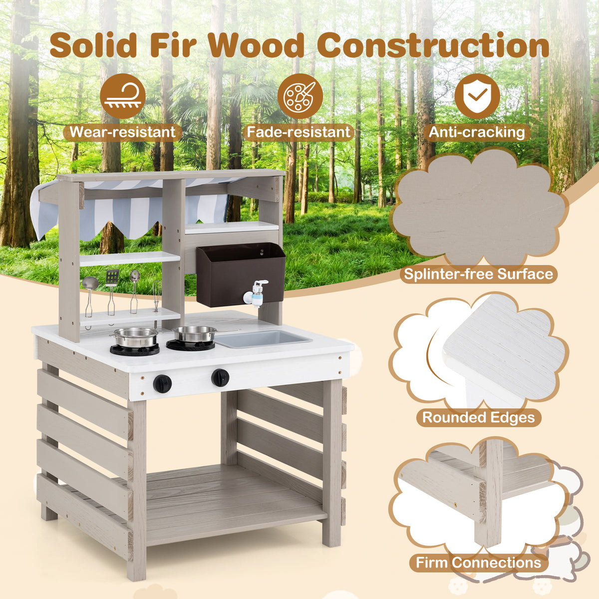 The play kitchen set highlighting the wood construction and smooth surface details