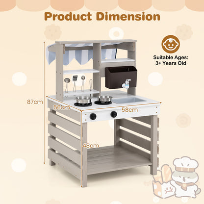 The play kitchen set shown with height and width measurements on a light background