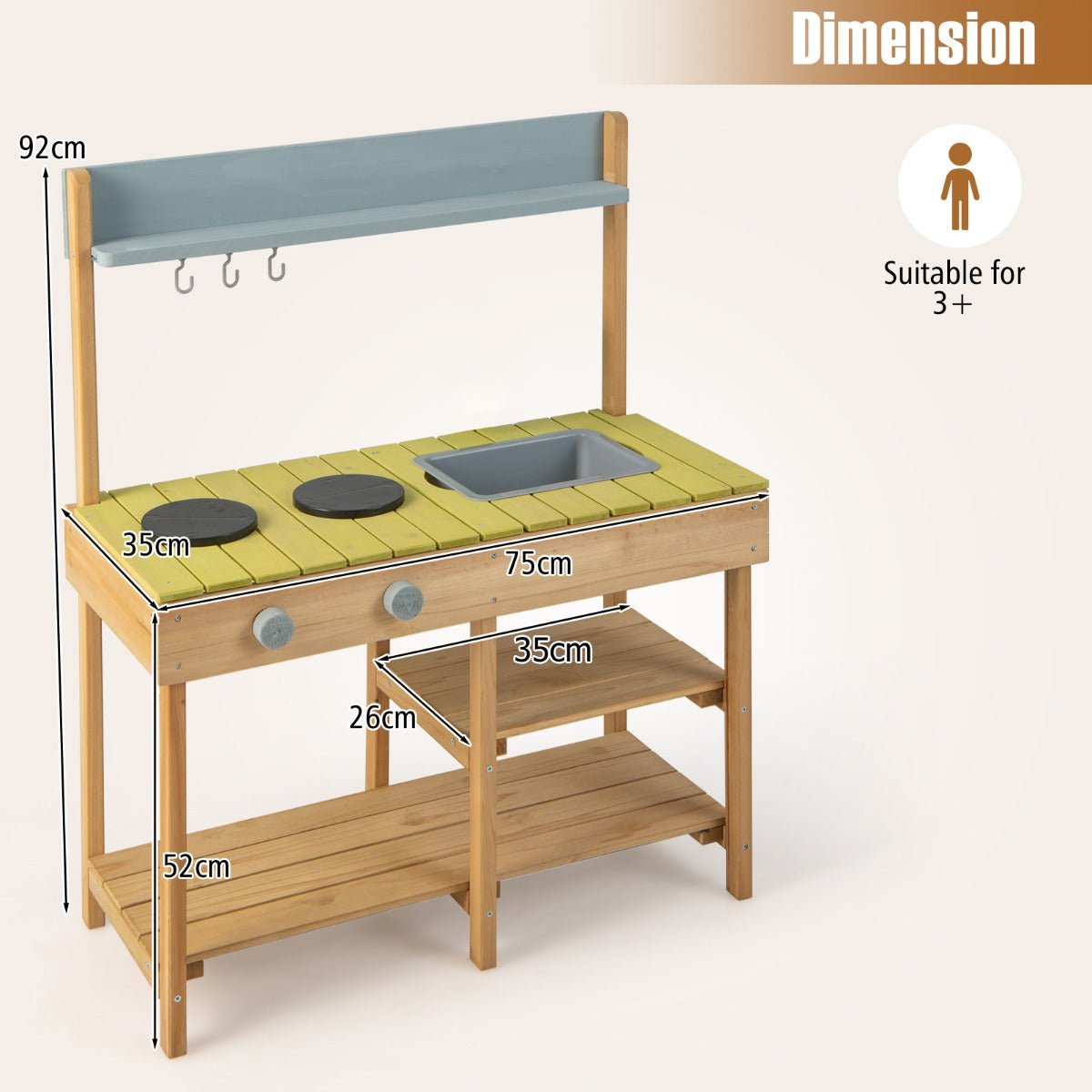 Dimension diagram showing the height and width of the outdoor mud kitchen set