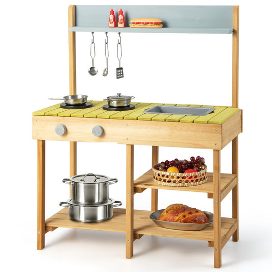 Outdoor Mud Kitchen Set with Removable Water Box with pots, pans and utensils on shelves