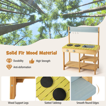 Close up of the outdoor mud kitchen set showing wood material and smooth edges