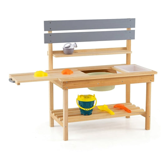 Outdoor Mud Kitchen with extended tabletop sink faucet and storage shelves for kids