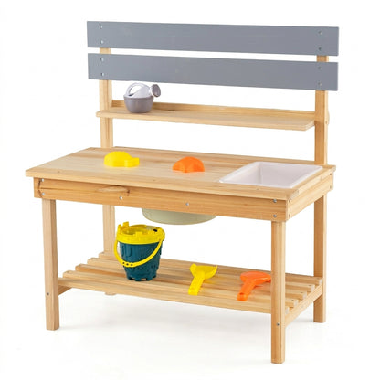 The natural wood outdoor play kitchen set with grey accents and accessories