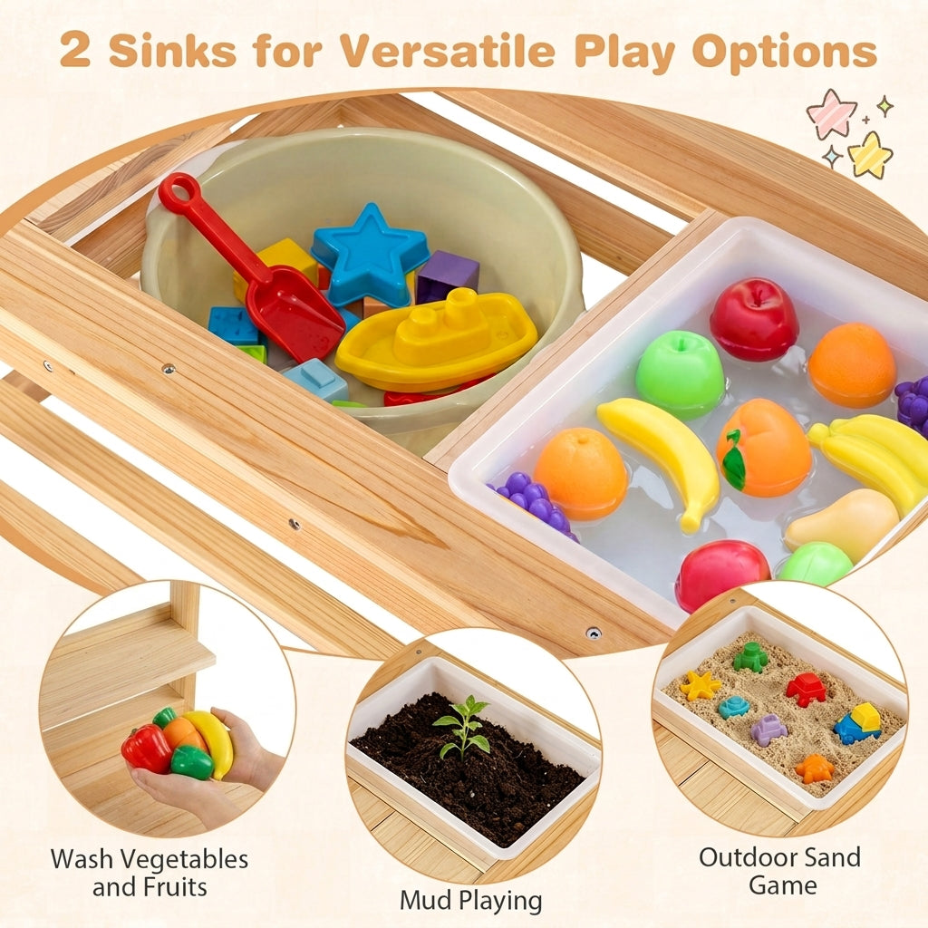 The dual basins of the wooden play kitchen filled with plastic fruit and sand for sensory activities