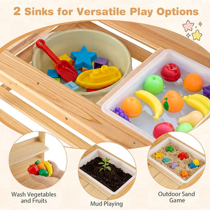 The dual basins of the wooden play kitchen filled with plastic fruit and sand for sensory activities