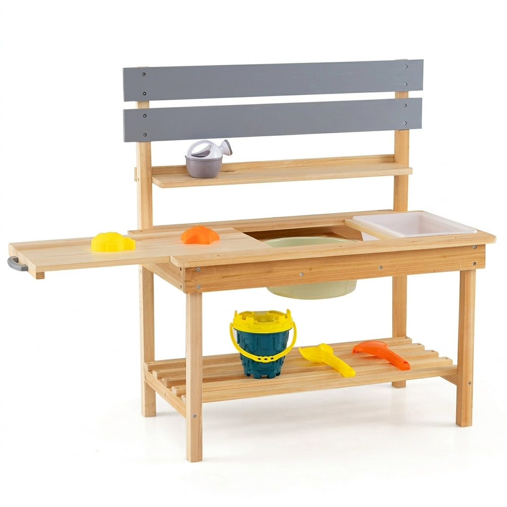 Close up of the sinks and play areas of the outdoor mud kitchen for children