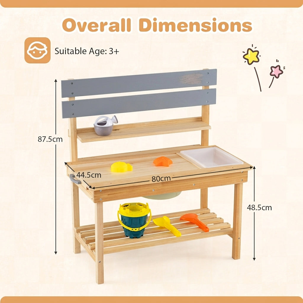 Dimensions diagram for the natural wood outdoor play kitchen set with grey accents