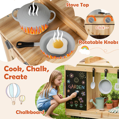 A girl draws on the chalkboard of the play kitchen set, with text and graphics