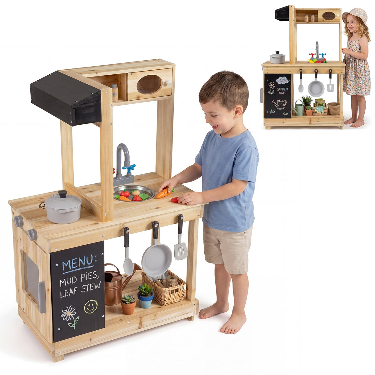 The outdoor mud kitchen with chalkboard and sink is shown with a child playing