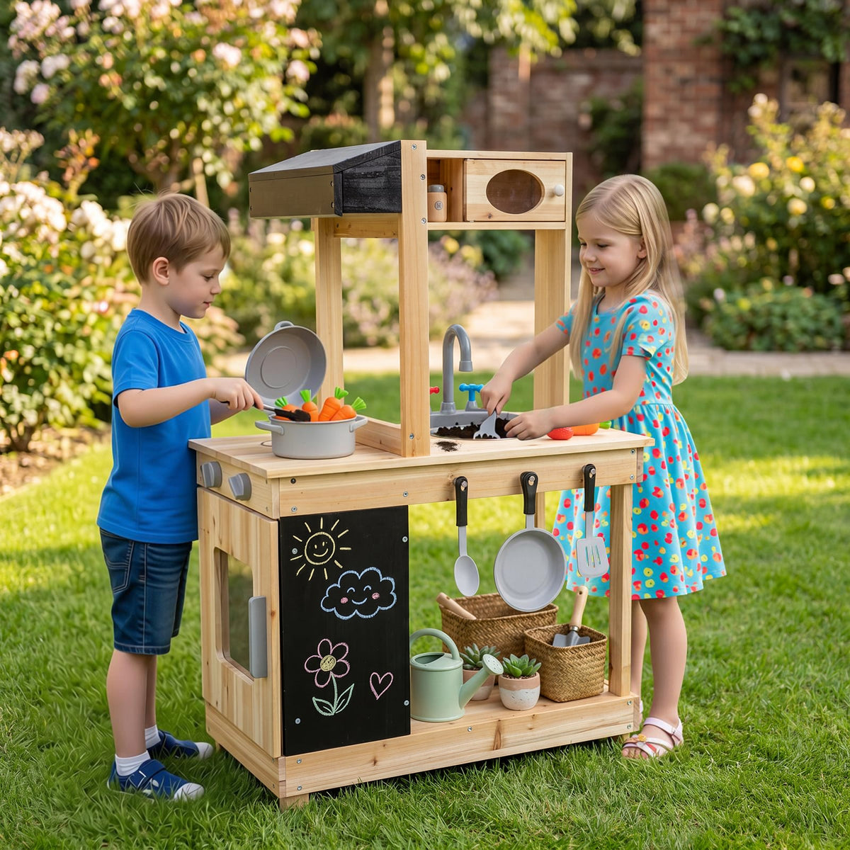 A boy and a girl interacting with the outdoor play kitchen set