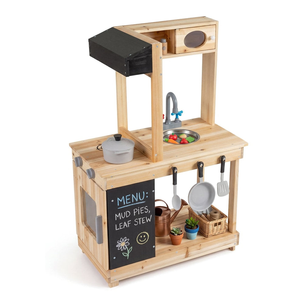 Outdoor Mud Kitchen with stoves and sink and chalkboard for 3+ kids