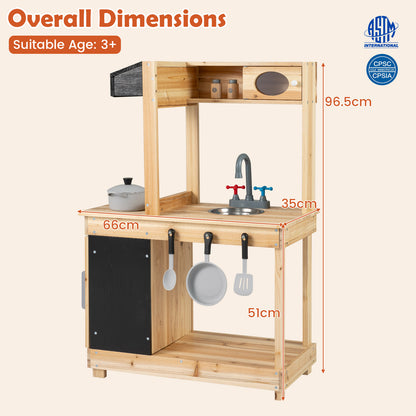 A diagram showing the overall dimensions of the play kitchen set