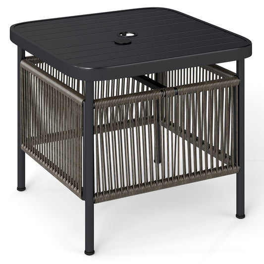 Outdoor PE Rattan Side Table with 5CM Umbrella Hole, a square table with a black top and woven sides