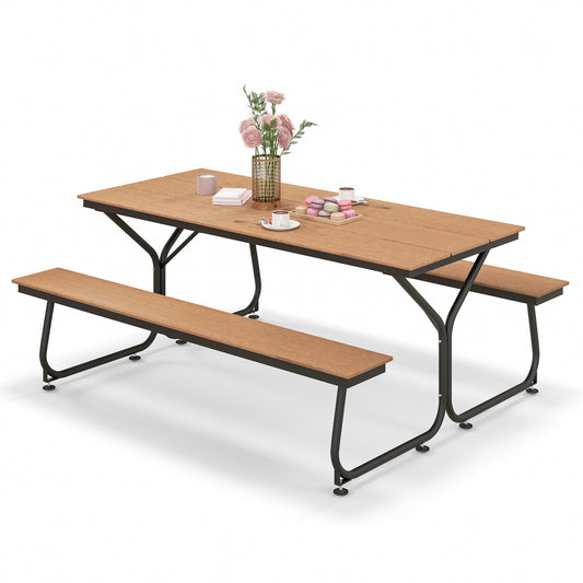 Outdoor picnic table bench set for 6-8 people with a brown tabletop and black metal legs