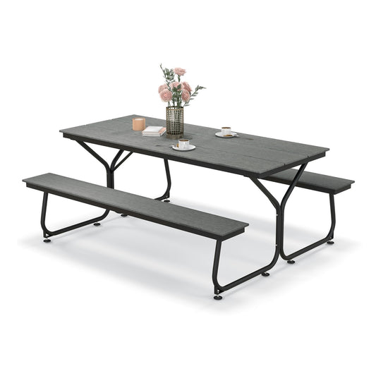 Outdoor Picnic Table Bench Set for 6-8 People with a grey finish and black metal frame