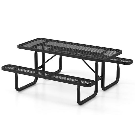 Outdoor Picnic Table & Bench Set in black with a mesh grid surface on a white background