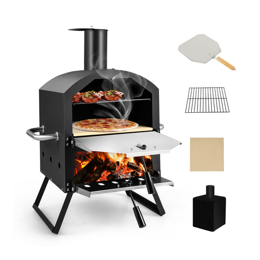 Outdoor Pizza Oven with Waterproof Cover and Anti-scalding Handles cooking a pizza with smoke coming out