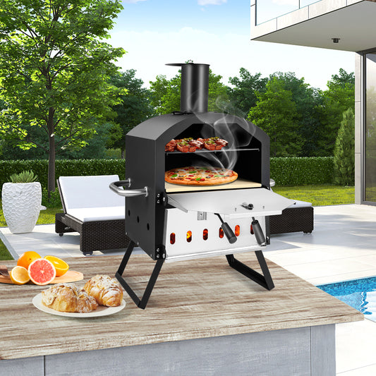 The outdoor pizza oven cooking pizzas on a patio with a swimming pool nearby