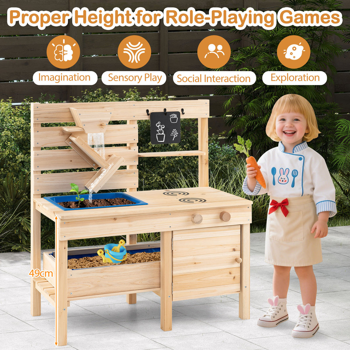 The play kitchen set with a child demonstrating its height for role-playing