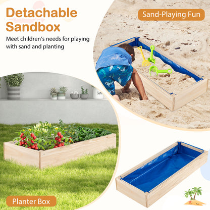 Detachable sandbox and planter box for the outdoor play kitchen