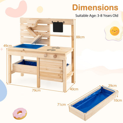 Dimensions diagram for the wooden play kitchen and sandbox