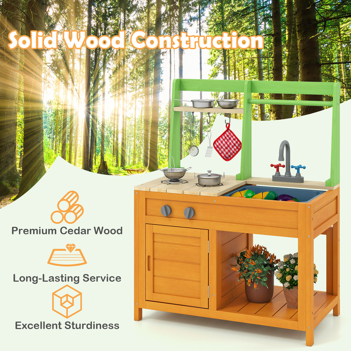 The orange and green play kitchen set with text overlay highlighting its construction