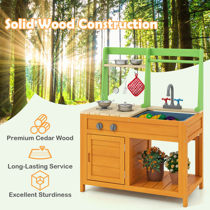 The orange and green play kitchen set with text overlay highlighting its construction