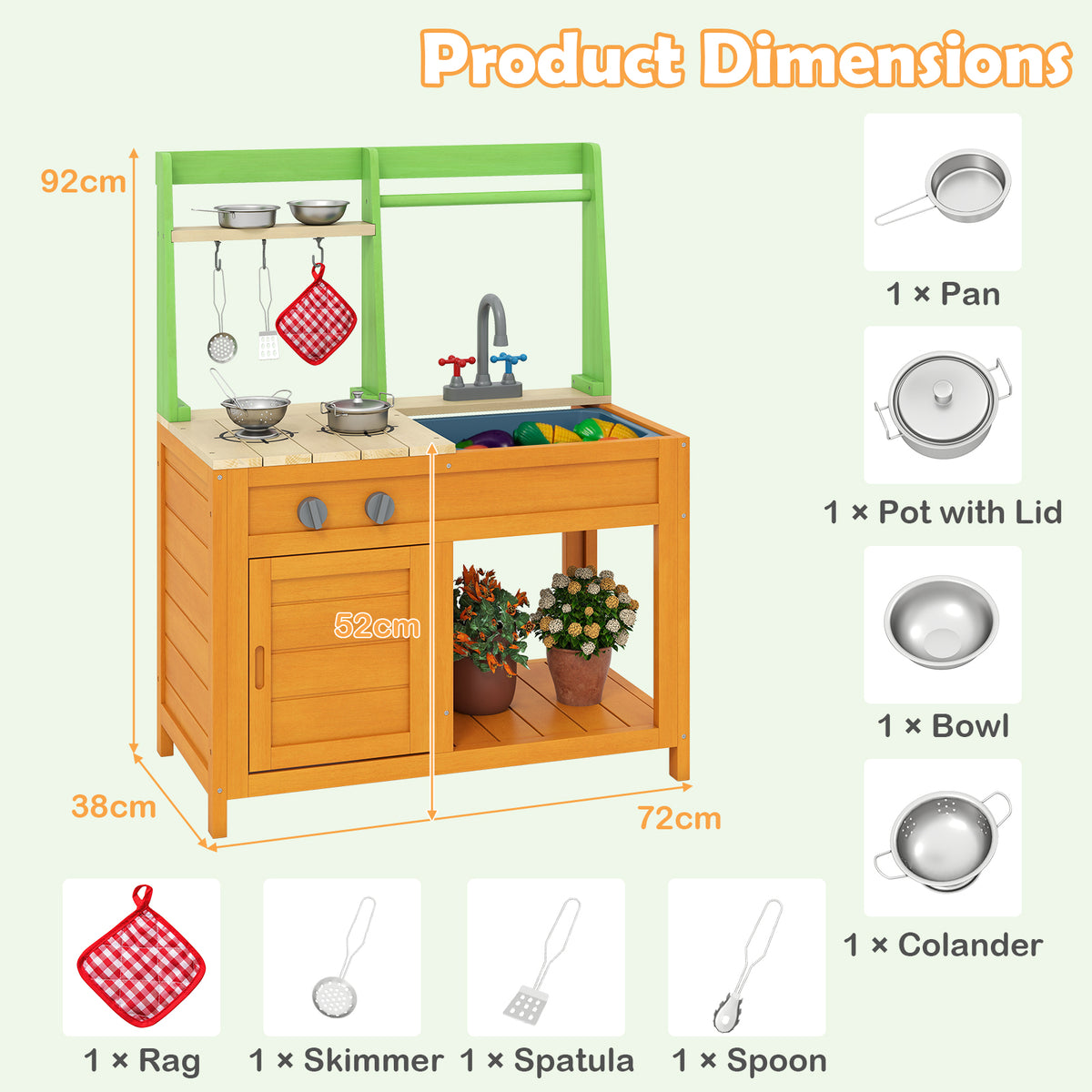 Product dimensions diagram for the play kitchen set, showing height, width and depth measurements, and included accessories