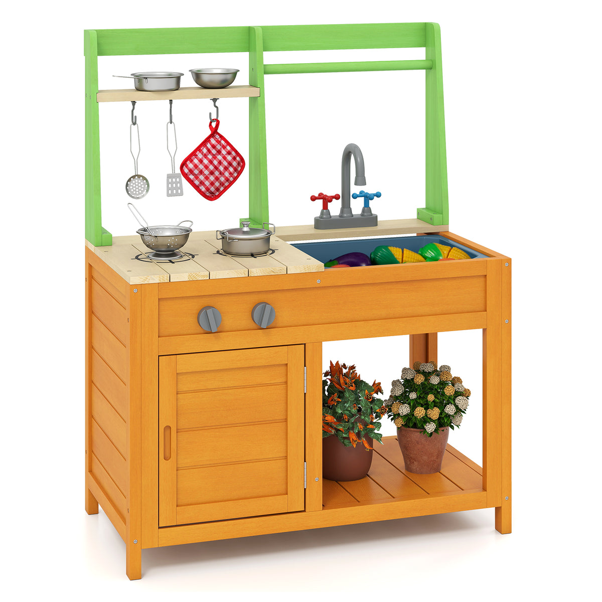 Outdoor Play Kitchen with Realistic Stoves and Cookware Accessories, a wooden play kitchen with orange base and green top