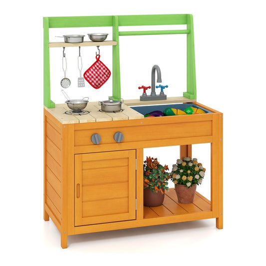 Outdoor Play Kitchen with Realistic Stoves and Cookware Accessories, a wooden play kitchen with orange base and green top