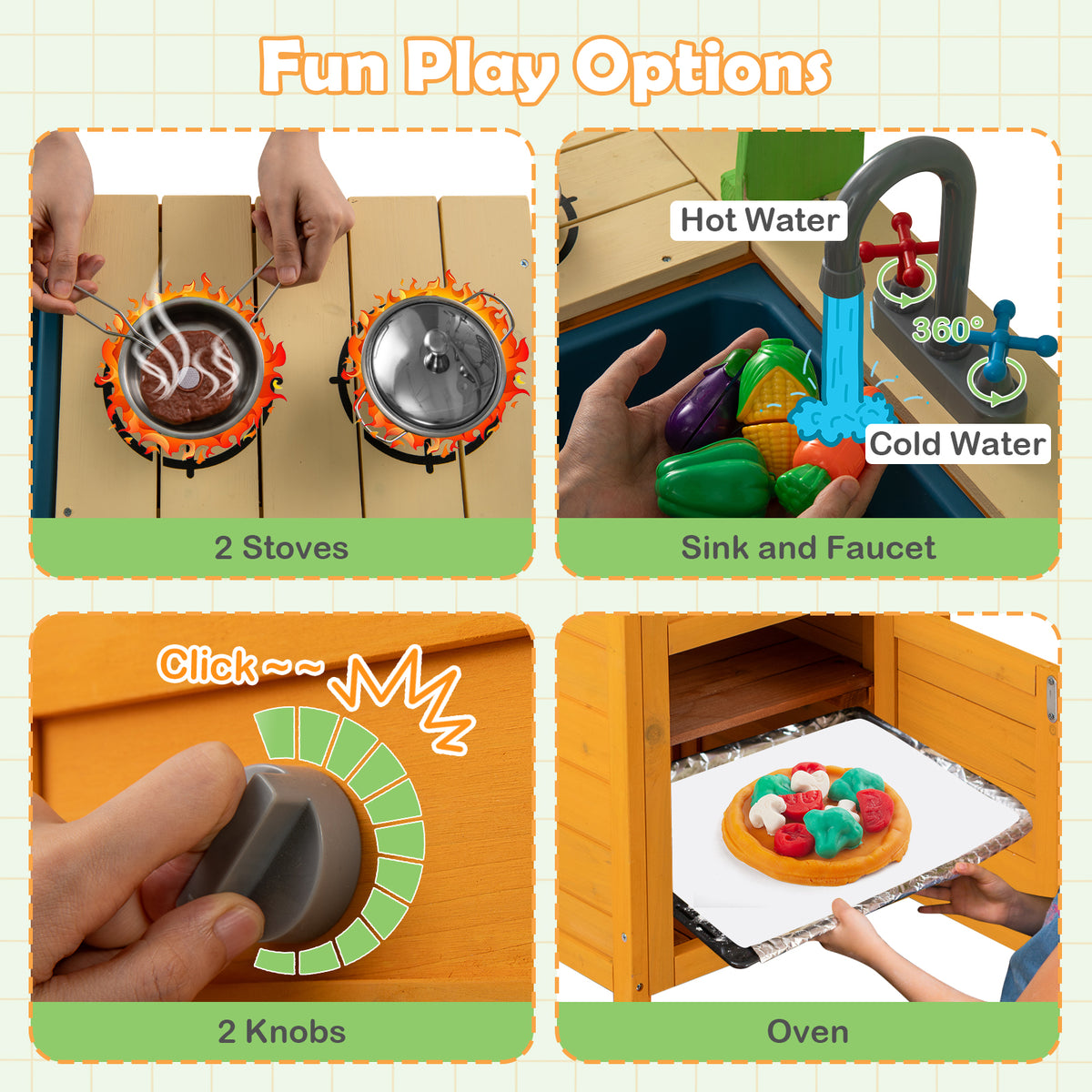 Four fun play options for the outdoor kitchen set: two stoves, sink and faucet, two knobs, and oven