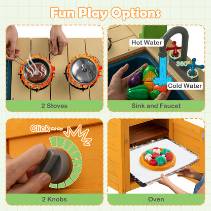 Four fun play options for the outdoor kitchen set: two stoves, sink and faucet, two knobs, and oven