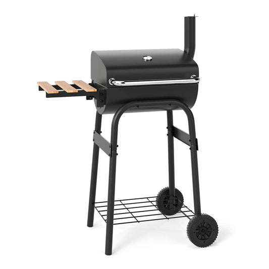 Outdoor Portable Barbecue Grill with Foldable Side Table, a black barbecue on a stand with two wheels and a shelf underneath