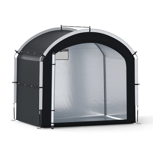 Outdoor Portable Bicycle Cover Shelter with Waterproof and Oxford Fabric, a grey and black arched storage tent