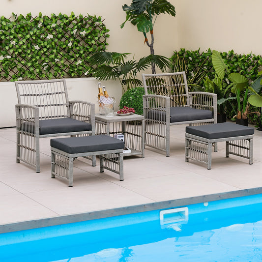 The outdoor rattan conversation set arranged by a swimming pool on a patio