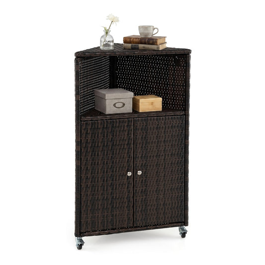 Outdoor Rattan Storage Cabinet with shelves and 2 doors and lockable wheels for patio
