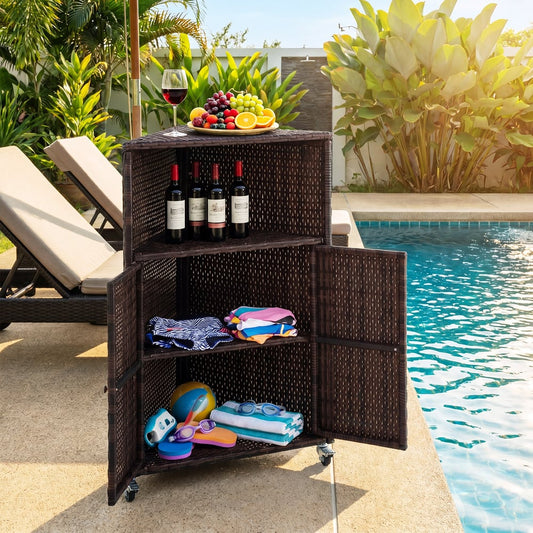 The outdoor storage cabinet is shown open by a swimming pool with drinks and towels inside