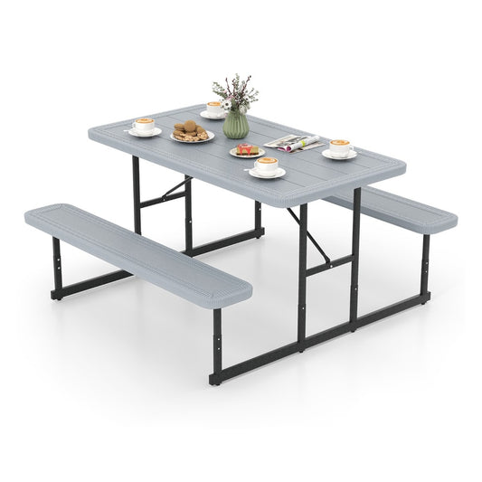 Outdoor Rectangular Camping Dining Table and 2 Benches with umbrella hole in grey