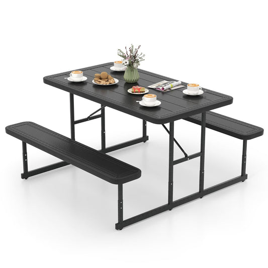 Outdoor Rectangular Camping Dining Table and 2 Benches set with coffee and snacks on a white background