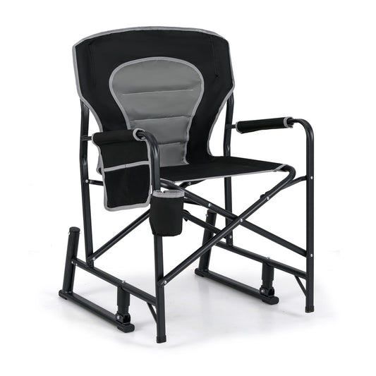 Outdoor Rocker Camping Chair in black with grey padded seat and side storage pocket