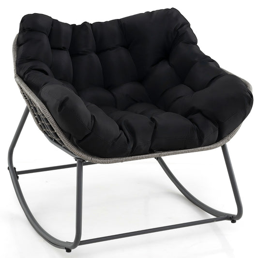 Outdoor Rocking Chair with Thick and Removable Cushion, a black cushioned chair with a grey woven back and metal rocking base