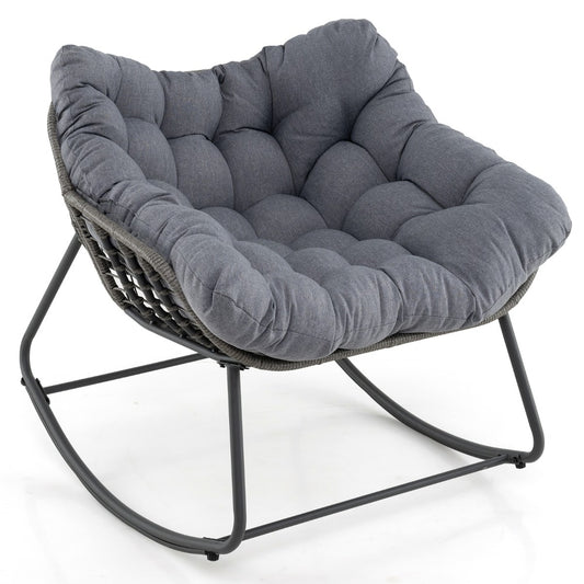 Outdoor Rocking Chair with Thick and Removable Cushion, a grey cushioned rocking chair on a white background