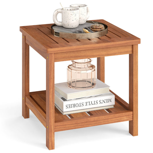 Outdoor Side Table with a tray of mugs and books on the lower shelf