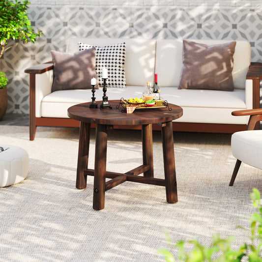 The patio table with solid wood structure in brown, set on a patio with outdoor seating