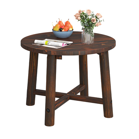 Outdoor Side Table with a solid wood structure in brown, shown with a bowl of fruit and a newspaper on top