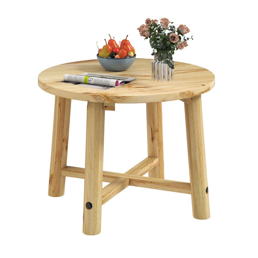 Outdoor Side Table with a solid wood structure and a natural finish, shown with fruit and a magazine